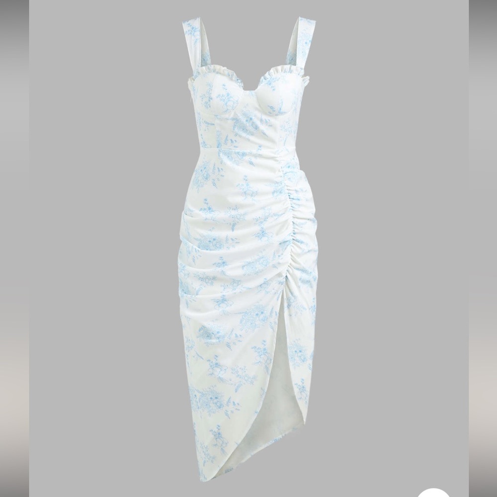 Floral Ruffle Toile de Jouy Midi Slit Dress Sky Blue and White